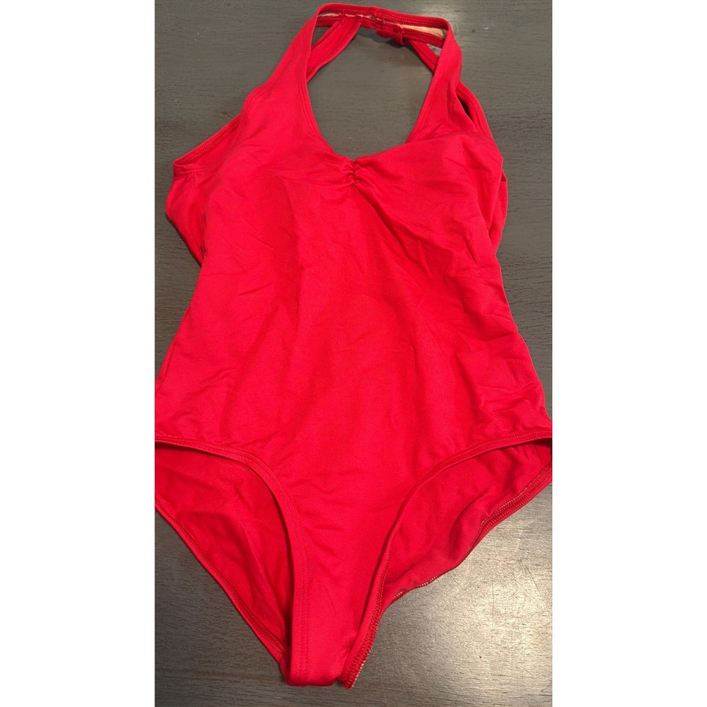 Suffolk Red Halter Dance Leotard Pinch Front Open Back Shelf Bra Large Adult